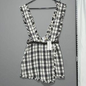 Glamaker Raw Hem Button Front Tweed Pinafore Jumpsuit